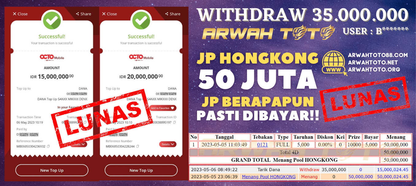 Bukti Pembayaran JP ARWAH TOTO LUNAS Jackpot HONGKONG Withdraw Berhasil Rp 35.000.000